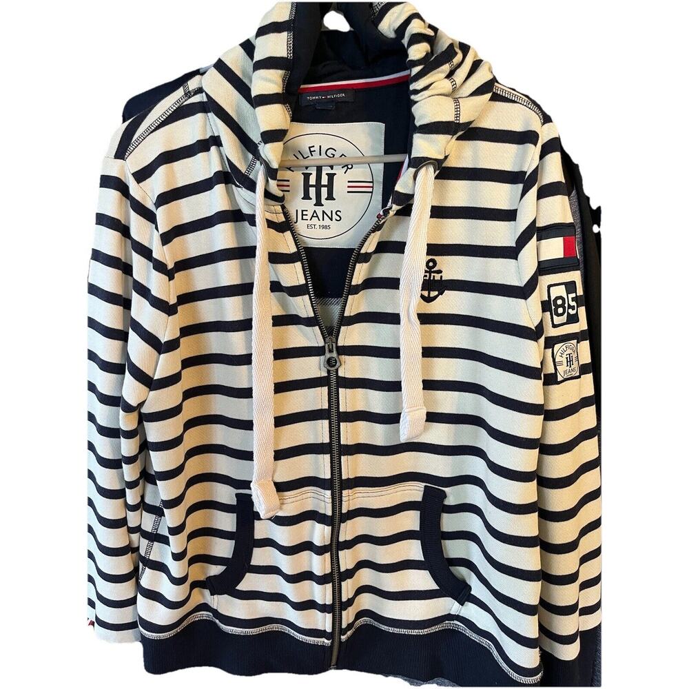 Tommy Hilfiger Full Zip Sweatshirt Women Large Striped Blue And White Logos